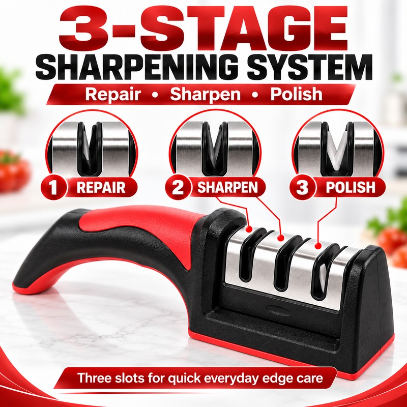 Red Carbon Steel Quick Knife Sharpener with Non-Slip Base for