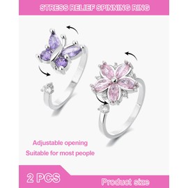 JUKOTA 2pcs Anxiety Ring Spinner Rings Women's Silver Fidget Ring Set, Adjustable Anti-Stress Ring with Crystal Zircon Flowers Butterfly for Girls Men Birthday Party Gifts