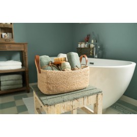 Decorasian Baskets for Shelf with Leather Handle - Jute Shelf Basket - Stylish Storage Basket for Bathroom, Nursery & Bedroom - Size M