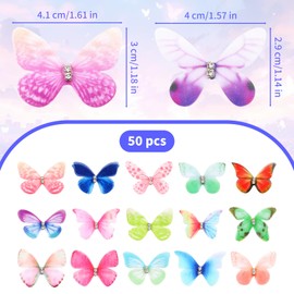 Mini Butterflies for Crafts - 50 pcs Colorful Butterfly Wall Stickers, 3D Butterfly Hair Clips Appliques, Soft Silk DIY Clothing Hat Accessories Butterflies Decals for Fairy Women Room, Party Decor