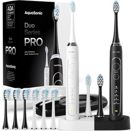 AquaSonic Duo Series PRO - Juego de cepillos de dientes eléctricos ultra blanqueadores - 5 modos y temporizadores inteligentes - Fundas de viaje premium y 10 cabezales de cepillo para polvo Proflex