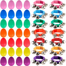 42 Pcs Shaker Musical Instruments Set Include 28 Pcs Colorful Egg Shaker and 14 Pcs Wrist Hand Band Jingle Bells for Musical Learning Toy Birthday Gift Christmas Party Favors , 7 Colors