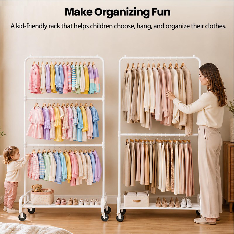 Heavy Duty Kids Clothing Rack Rolling Large Storage Capacity Dress