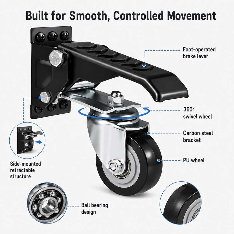 Set of 4 Retractable Workbench Casters – 2.5" 360° Swivel