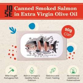 Canned Smoked Salmon in Extra Virgin Olive Oil by Jose Gourmet, Wild Caught Portuguese Salmon, Tinned Fish in Olive Oil, High Protein Sustainable Seafood Snacks, Omega 3, Fair Trade, 90g Can
