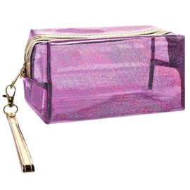 Clear Colorful Makeup Bag, Thick PVC Small Clear Toiletry Bag for Travel, Waterproof Cosmetic Bag with Durable Zipper & Detachable Strap, Cute Transparent Pouch Organizer for Women, 7.1×4×3 In Purple