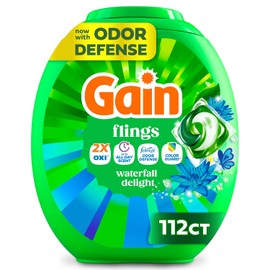 Gain Flings Liquid Washing Detergent Pacs, Now with Odor Defense + Color Guard, Waterfall Delight Scent, 4-In-1 Liquid Laundry Detergent Pods, Clean & Fresh, 112 Count (Packaging May Vary)