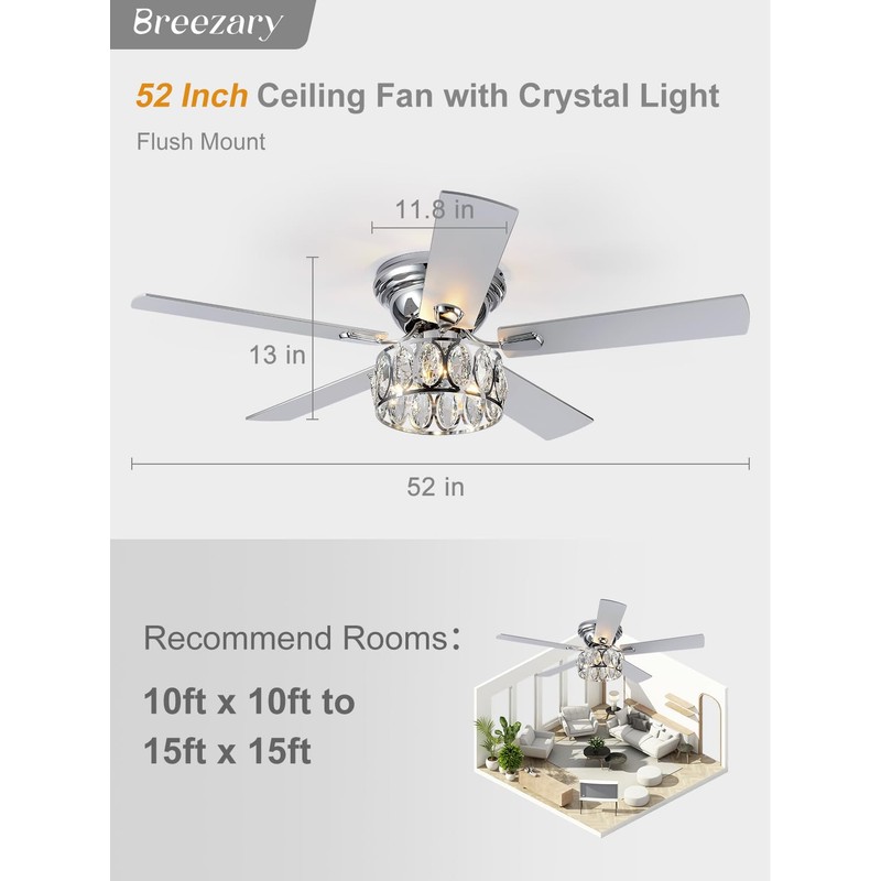 Breezary 52 inch Flush Mount Ceiling Fans with Lights Remote