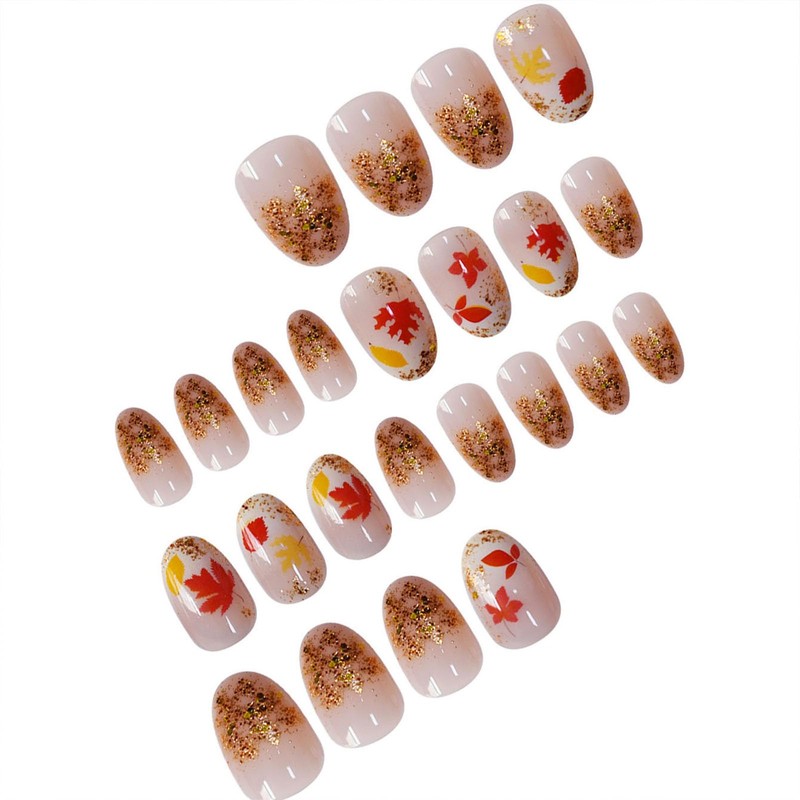 Fall Press on Nails Short Oval Fake Nails with Design