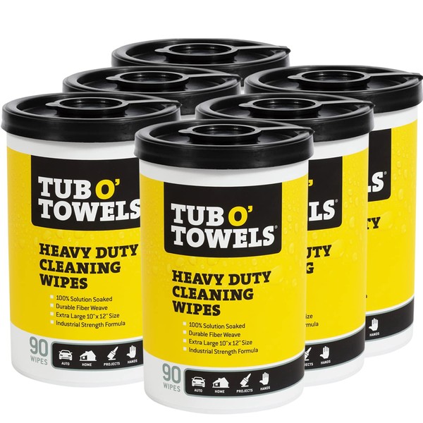 Tub O' Towels TW90 Heavy-Duty 10" x 12" Size Multi-Surface Cleaning Wipes, 90 Count Per Canister, 6 Pack