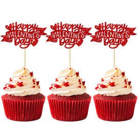 Ephlyn - 24 piezas de decoración para magdalenas con purpurina para el día de San Valentín, diseño de corazón, para el día de San Valentín, decoración de boda, fiesta, suministros de decoración rojo