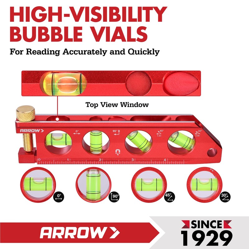 ARROW 6.3-Inch Torpedo Level, Magnetic Leveler with 0°/30°/45°/90° Bubbles, Top-view
