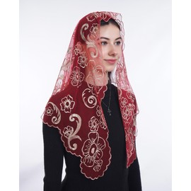 Bozidol Mantilla Triangular Embroidered Sacred Heart Cross Camellia Veil for Catholic Women – Red Gold Color – Ideal for Religious Events and Special Church Ceremonies