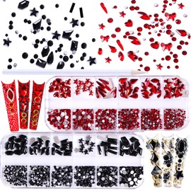 JERCLITY 1620pcs Flat Back Jet Black Nail Rhinestones Red Nail Rhinestones Round Beads Crystals Glass Gems Stones Multi Shapes Sizes With Picking Pen for Crafts Nail Face Art Clothes Shoes Bags DIY