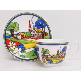 Village Art Deco Tea Cup & Saucer Fine Bone China Exclusive Countryside Scene Hand Decorated in UK