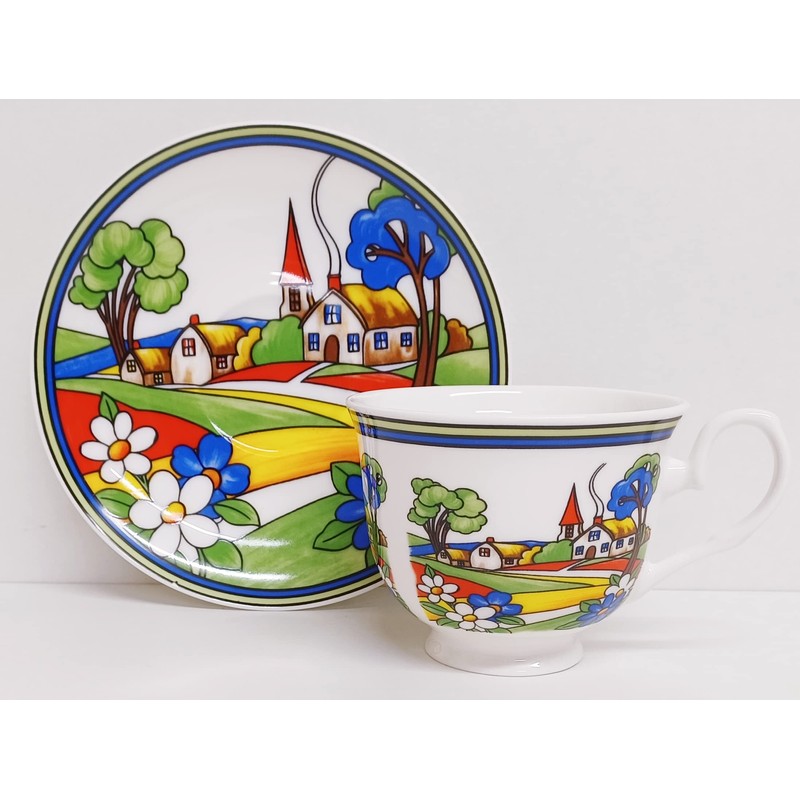 Village Art Deco Tea Cup & Saucer Fine Bone China