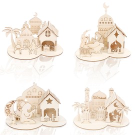 4 Pcs 4 Styles Eid Mubarak Wooden Tabletop Decor DIY Moon Star Ramadan Kareem Ornaments for Ramadan Mubarak Muslim Islamic Festival Party Eid Al-Fitr Home Decoration