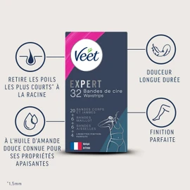 Veet Expert – 32 Kaltwachsstreifen Set für Beine, Trikot & Achseln – empfindliche Haut – perfekte Verarbeitung – langanhaltende Haarentfernung