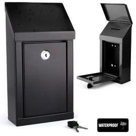 Metal Donation Box-Suggestion Box with Slot and lock-Cash Lock box for Money-Waterproof Drop Box-Comment and ballot voting box-comes with pre-drilled holes for easy wall mounting 10x6x2.5"(Black)