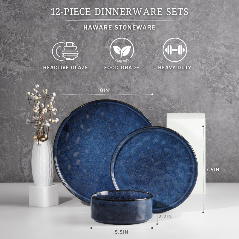 HaWare Dinnerware Sets, 12-Piece Plates and Bowls Set, Stoneware Dish