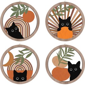 HPNIUB Boho Black Cat Wall Decor, Farmhouse Geometric Hanging Wooden Wall Art, 4 Pieces 10''x10'' Mid Century Bohemian Abstract Moon and Sun Wood Sign for Nursery Bedroom Decoration, Lovely Cat Gifts