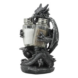 Ebros"Blackened Spice" Medieval Gothic Dragon Salt And Pepper Shakers Set Holder Statue 7.75"Tall Legend Of The Swords Fantasy Scorch Fire Dragon Figurine