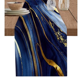 Marble Table Runner 60 Inches Long Cotton Linen Kitchen Dinner Table Runners, Modern Navy Blue Abstract Gold Burlap Tablerunner for Dresser/Dining/Party/Wedding 13x60