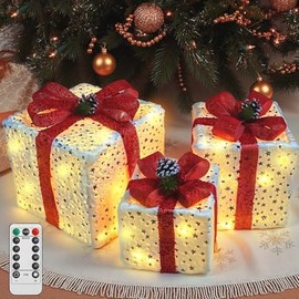 3 Pcs Cajas de Regalo Iluminadas de Navidad, 50 Luces LED con Remote Control, USB Plug In Cajas con Copo de Nieve Dorado, Decoraciones Navideñas para Árbol de Navidad Interiores y Jogares
