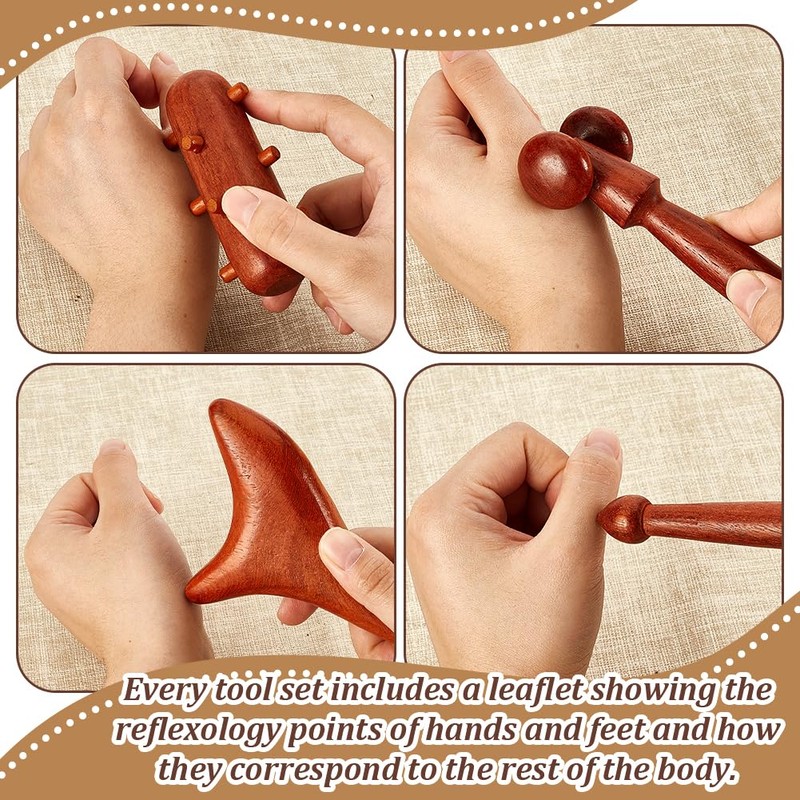 AHANDMAKER 4Pcs 4 Styles Massage Tool Set, Wooden Gua Sha