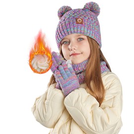 ACAREU Kids Winter Hat Gloves Scarf Set Beanie with PomPom Fleece Lined Warm Touch Screen Gloves for Boys Girls Christmas Gift Cinco Colores