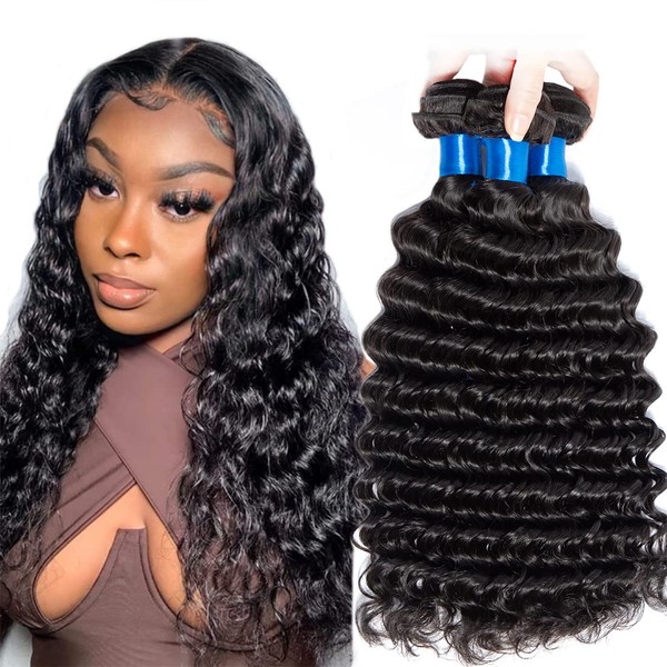 Cranberry Hair Virgin Human Hair Extensions Weave Weft Unprocessed Brazilian Virgin Hair Deep Wave 4 Bundles 18 20 22 24 inch (100+/-5g)/bundle Nature Color Can be Dyed and Bleached