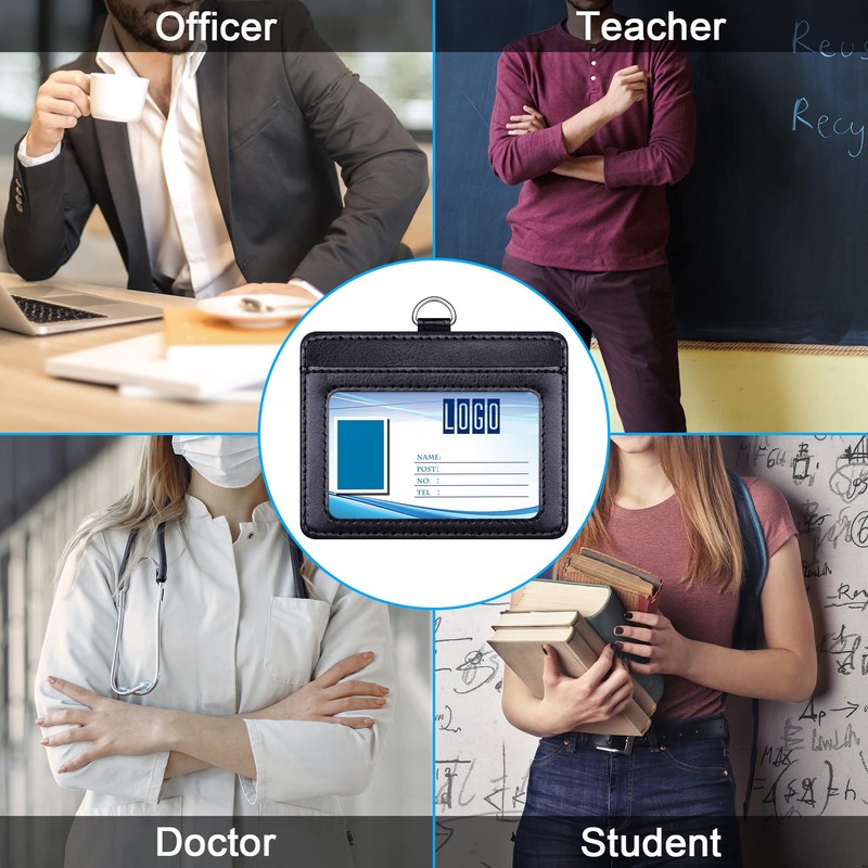 Wisdompro Horizontal ID Card Holder, PU Leather, Double-Sided, Adjustable, Neck