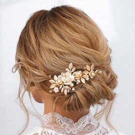 Asooll Flower Hair Clip Gold Leaf Wedding Hair Accessories Pearl Bridal Headpiece for Women