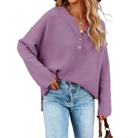 Saodimallsu Womens V Neck Henley Sweater Oversized Fall Sweaters Cozy Warm Long