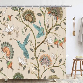 Hykiee Shower Curtain Flowers Bird Apricot Rustic Vintage Shower Curtain Shower Curtain Anti-Mould Waterproof Polyester Washable Modern Bathroom Curtain with Hooks for Bathroom Decoration 180 x 180 cm