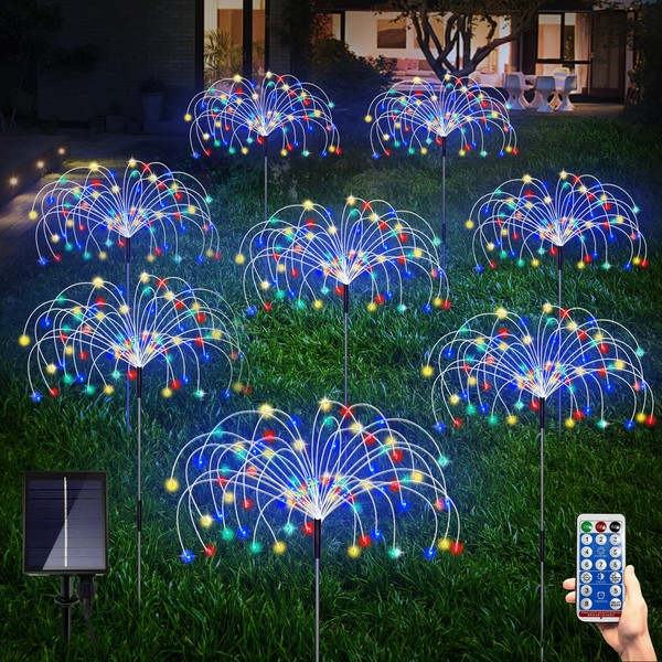 Solar Garden Lights Outdoor 8 Pack, Solar Firework Lights 8 Modes, 120 LED Waterproof Copper Wire DIY Solar Garden Decorative Pathway Lights with Remote Control, for Garden Yard Pathway Party Decor