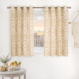 LAMIT Short Linen Curtains 45 inch Length for Small Windows, Light Filtering Semi Sheer Linen Curtains Grommet Vintage Damask Flower Pattern Drapes for Half Windows, 2 Panels, 34 x 45 Inch, Gold