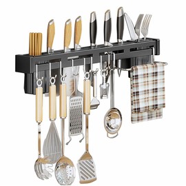 CYlovinho Wall Mounted Knife Holder, Stainless Steel Wall Mounted Multifunctional Kitchen Utensils for Hanging Knives, Spoons, Chopsticks, Towels (Black, 11.8''*2.16'')