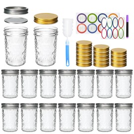 Datttcc 8oz Mason Jars, Canning Jars,Jam Jars forJelly,Honey, Wedding Favors, Food Storage,Kitchen & DIY Gifts, with Lables,Sponge Brush,Pen,Set of 16