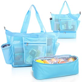 Abbylike Beach Bag with Cooler Mesh Beach Bags for Women with Zipper and Pockets for Pool Swim Travel Essentials(Blue)