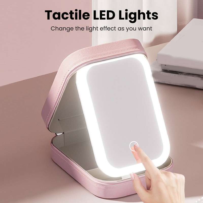 Jewelry Storage Box 3 Color Adjustable Lighting Leather Travel Makeup