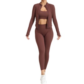 Workout Gym set for Women, align style, Fitness Sports Running Clothes Yoga Sportswear, 3 piece set. (Small, Brown)