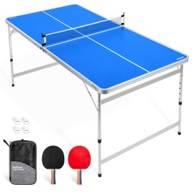 GoSports 6 x 3 ft Mid-Size Table Tennis Table Set with Adjustable Height - Blue