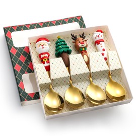Dessert Spoon Set of 4,Stainless Steel Christmas Dessert Spoons Teaspoons,Small Dessert Spoons for Pudding,lce Cream,Sorbet,Tiramisu (4, golden)