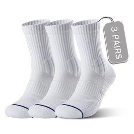 CONRAN KREMIX Running Socks White Crew Socks Men 3 Pairs Basketball Tennis Cushioned Athletic Performance Ankle Support Arch Compression Moisture Wicking Socks