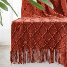 inhand Knitted Throw Blankets for Couch and Bed, Soft Cozy Knit Blanket with Tassel, Orange Rust Lightweight Decorative Blankets and Throws, Farmhouse Warm Woven Blanket for Men and Women, 60"x80"