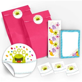 Notepads + Bookmark + Gift Bags / Pink + Stickers Funny Monster Party Bag Guest Gift for Birthday Children's Birthday Wedding Christening Girls Boys