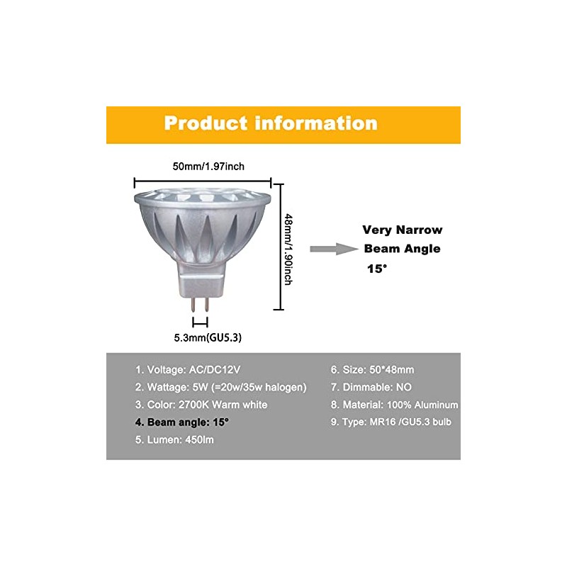 ALIDE MR16 Led Bulbs 15 Degree 15° Narrow Beam Angle,GU5.3