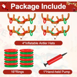 4 Pack Inflatable Reindeer Antler Ring Toss Game, Reindeer Ring Toss Game for Christmas Party, Family, Christmas Decoration, Xmas Fun Amusements (4 Antlers 16 Rings 1 Pump)