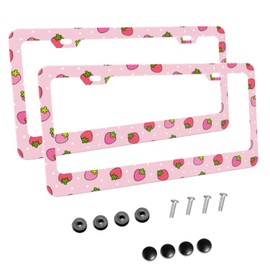 KiuLoam 2 Pcs Set Cute Strawberry Pink Metal License Plate Frame for Women, Auto Decorative Frames Cars Protector Cover Holder for Us Standard Vehicles with 2 Holes and Screws